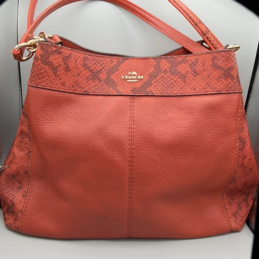 Coach Lexy Orange/Cognac Pebbled Leather Python Embossed Trim Gold Tone Hardware - Picture 3 of 15